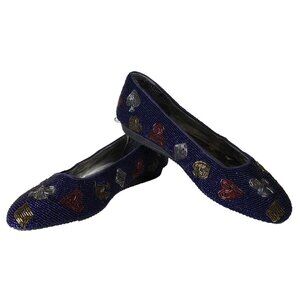 Vtg 1992 ColorWerks Beaded Ballet Flat Slip On Shoes Blue Card Suits Poker Sz 9
